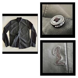 Mens Religion We Live in Black Faux Leather Slim Fit Black Shirt size M